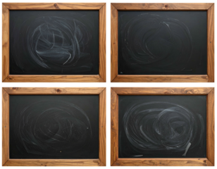 Four chalkboards with smudged, messy white marks in wooden frames