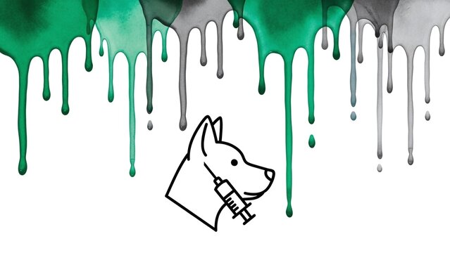 emerald green and cool gray watercolor paint drips with dog vaccination icon for veterinary clinics, pet health blogs, parvo awareness and medical posters, with copy space