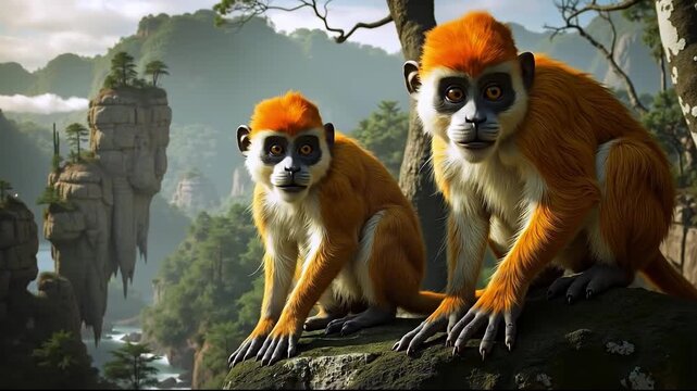 A couple of monkeys sitting on top of a rock