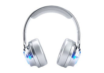 Silver wireless headphones with blue lights on a Transparent background, modern electronic device for music and communication
