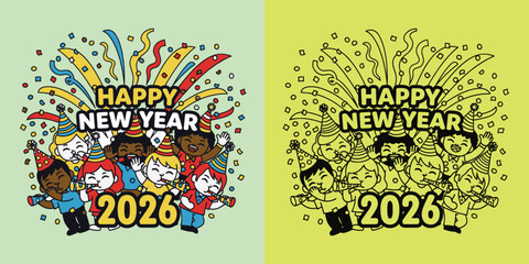 Obraz premium Colorful cartoon people celebrating New Year 2026 with confetti and party hats celebration