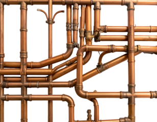 Intricate network of aged copper pipes and fittings