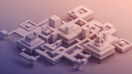 Modern 3D cityscape with futuristic architecture and vibrant purple hues