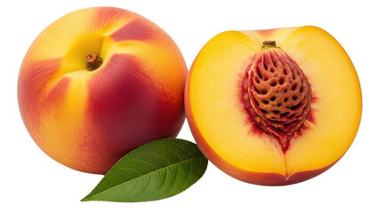Fresh whole peach and half peach with leaf isolated on white background