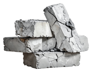 Close-up of four weathered concrete bricks with extensive cracks, isolated on transparent