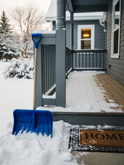 Snow shovel leaning against porch railing on snowy outdoor entrance  