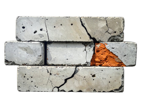Close-up of concrete bricks arranged in a stack, with cracks and an exposed brick