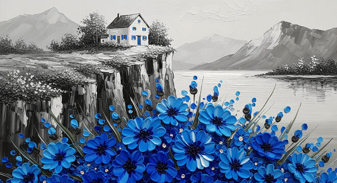 3D Blue Flowers Below Cliffside Cottage, Relief Wallpaper, Mural Wallpaper, Wall Decor