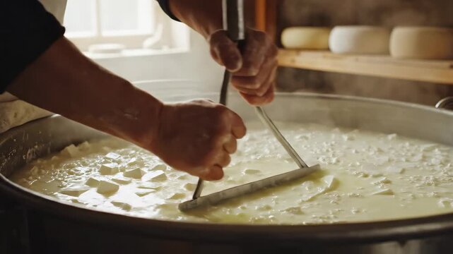 Hands carefully cut the curds in a large pot, revealing the magic of cheese making in a cozy kitchen. Morning light dances on the creamy surface, embodying tradition and craft.