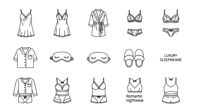 Elegant sleepwear icons displaying nightwear or comfy items showcase bedtime on white or cozy sleepwear icons illustrating bedtime apparel show bedroom essentials on white