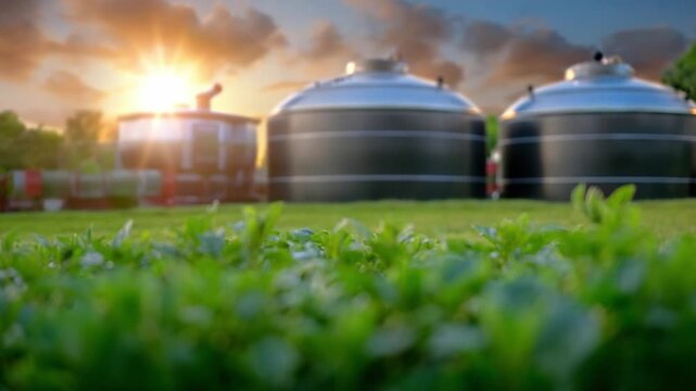 Industrial Grain Silos at Sunrise: A row of large industrial grain silos stands majestically against the vibrant backdrop of a brilliant sunrise, symbolizing industry and sustainability.