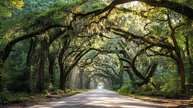 Ultra HD Avenue of oaks with spanish moss and sun rays on a country road in the southern united states, mass tree tunnel video