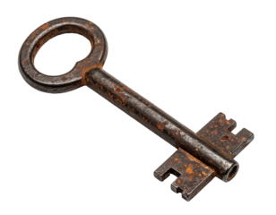Old rusty metal key with ornate bow and bit