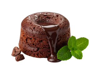 Molten chocolate cake oozing rich ganache with mint garnish