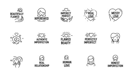 Fototapeta premium Minimalistic love icons displaying messages about self-acceptance and relationships or Outline imperfection heart icons showcasing inspirational quotes about honest love and flaws