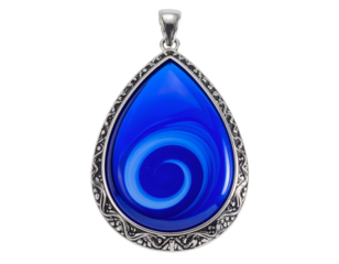 Pear-shaped, swirling blue gem set in ornate silver pendant