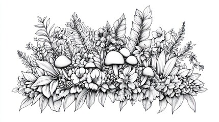 Fototapeta premium Monochrome floral and mushroom arrangement, botanical illustration, nature background, for design