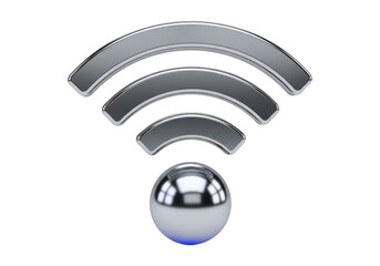 A sleek metallic wifi symbol with a reflective sphere on a Transparent background, representing internet connectivity and modern technology