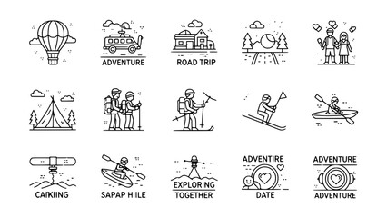 Obraz premium Vector adventure icons showcase outdoor activities in simple line style or Couple hiking adventure outdoors promotes healthy romantic lifestyle