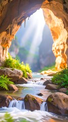 Cave opening with river