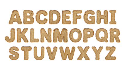 A complete set of edible uppercase English alphabet letters made from baked bread or cookie dough, presented on a pristine white background. Ideal for educational themes, culinary projects