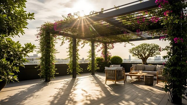 A beautiful rooftop terrace with a wooden pergola and vibrant flowering vines
