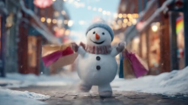 Cheerful snowman dashes down a snowy street, clutching bright bags beneath twinkling festive lights