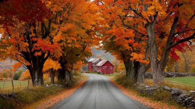 Ultra HD Scenic country road lined with vibrant orange and red autumn maple trees leading to a classic red barn in vermont or new england landscape video