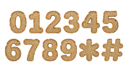 Numbers made of bread slices, a collection of digits and symbols crafted from baked dough for creative design projects