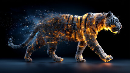 Un tigre 3D se dissolvant en minuscules pixels lumineux