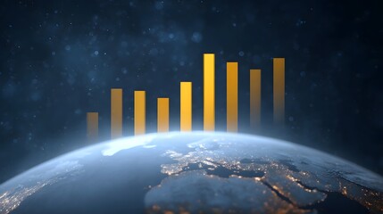 A golden bar graph showing increasing data overlays the illuminated Earth at night set against a starry cosmic background