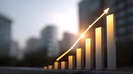 Abstract bar graph showing upward financial growth against a blurred city backdrop with a bright golden glow