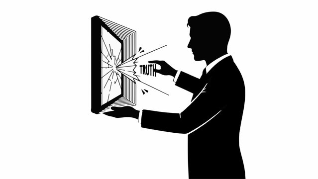 Frustrated businessman smashes computer screen with remote control in anger.