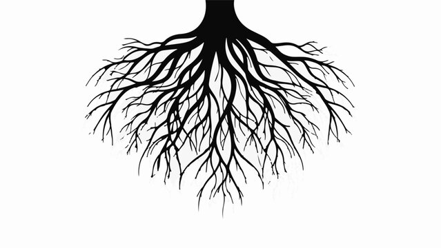 Intricate network of tree roots spreading outwards against a clean white background.