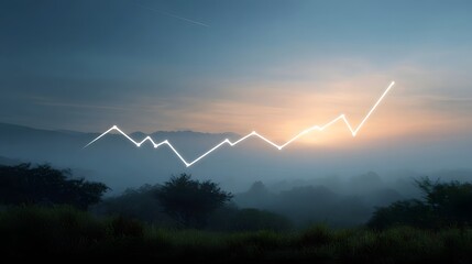 Glowing line graph trends upward over a misty landscape at sunrise