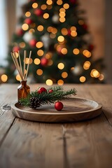 Cozy Christmas home interior with pinecone and reed diffuser on wooden tray at counter table, blurred festive Christmas tree with lights in background. Warm holiday decor