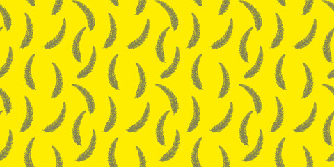 Geometric green and yellow botanical stamped horizontal pattern. Flat stamps of plant silhouettes in a botanical style for textiles, fabric, wallpaper, and wrapping paper.