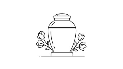 Simple line drawing of urn with flowers for memorial or funeral, Generative AI.