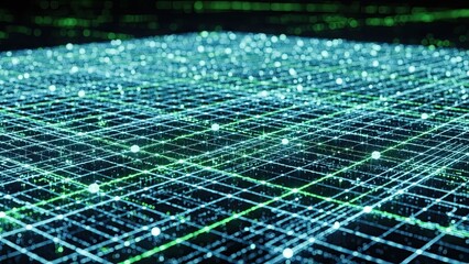 Futuristic network grid with glowing connections and data points in dark background
