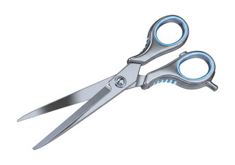 A pair of stainless steel scissors with blue accents on a Transparent background, perfect for cutting various materials, featuring ergonomic handles and sharp blades for precision