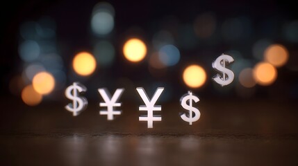 Metallic currency symbols for Dollar and Yen float in a bokeh lit abstract background