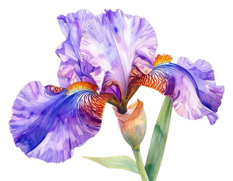 watercolor flowers, iris on a white background, beautiful plants, floral design, bota