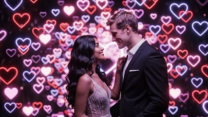 A loving couple stands intimately embraced within a vibrant neon heart frame surrounded by countless glowing pink and red heart lights celebrating their deep connection and romantic bond in a festive.