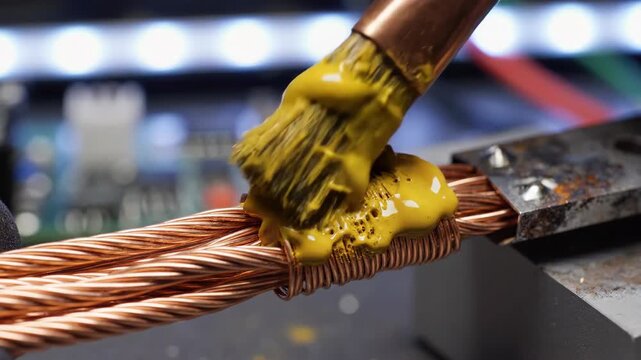 Craftsman carefully applies a vivid yellow coating to copper wiring with a brush, ensuring it is well-covered for protection. The technique highlights both skill and innovation in a workshop setting.