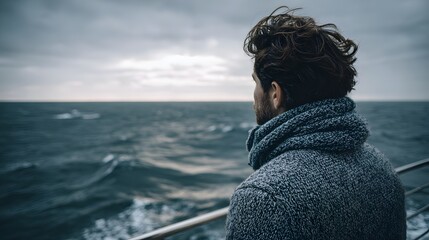 Fototapeta premium Man on Boat Looking at Stormy Ocean Waves Under Cloudy Sky.