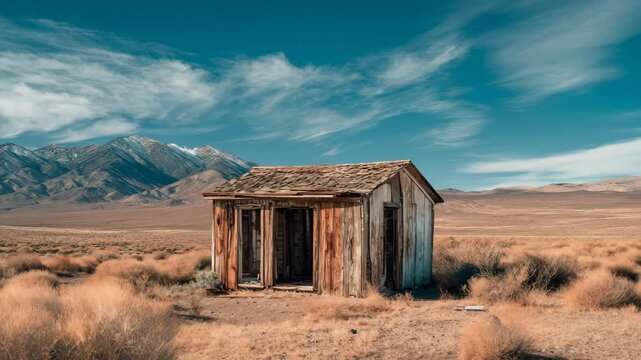 Ultra HD Abandoned wooden shack in arid desert landscape with dry brush and snowcapped mountains under a dramatic blue sky video