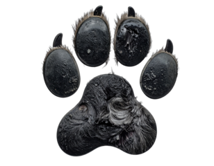A close-up studio shot of a black paw print with claws and a unique texture against a dark backdrop