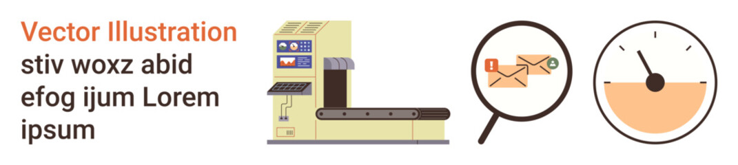 Logistics, quality control, email communication, workflow efficiency, data analysis, technology automation. Sorting machine on a conveyor belt and magnified emails. Logistics and quality control