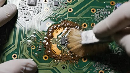 Intricate details reveal a careful cleaning process of electronic components in a workshop. Gentle brushing removes dust and debris, ensuring smooth functionality and enhanced performance.