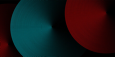 Abstract futuristic technology lines background with red and blue light effect. Gradient circle line pattern design. Glowing lines vector. Modern dark banner template graphic elements.